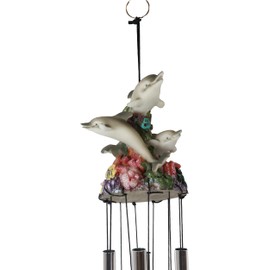Ebros Nautical Marine Gray Dolphin Family Swimming by Coral Reef Wind Chime Resin Crown with Aluminum Rods Home Patio Garden Decor of Dolphins Under The Sea Life Decorative Noisemakers