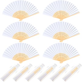 NEBURORA 6Pcs White Handheld Paper Fans 8.3 Inch Hand Held Bamboo Fans Foldable for Wedding Decoration Outdoor Party Favors DIY Decoration Dancing Photography Props