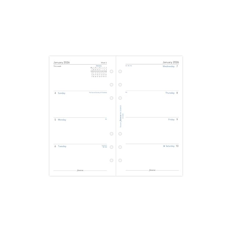 Filofax Personal week on two pages English Sunday start 2026