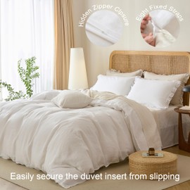 Talasily 100% French Linen Duvet Cover Set 3pc - Zipper Closure & 8 Corner Ties with Ruffled Pillowcases All-Season Breathable Bedding (Queen,White)