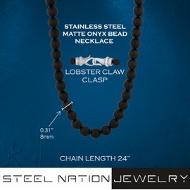 Matte Onyx Bead Necklace - 24-Inch Stainless Steel Fashion Piece with Lobster-Claw Clasp