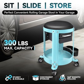 Auto Dynasty Round Mechanics Roller Seat, 300 LBS Capacity Rolling Creeper Garage Shop Seat with Drawers and Tool Tray, Mechanic Stool with Removable Padded Seat for Workshop Auto Repair, Sky Blue