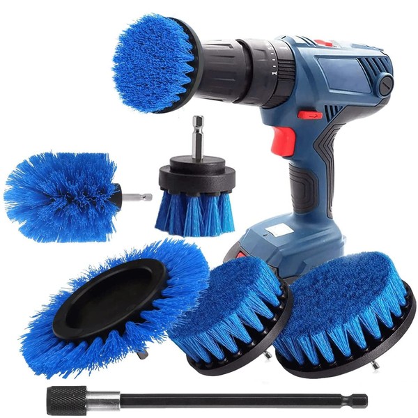 YIHATA 6 Piece Brush Attachment Set for Drill, Cordless Screwdriver, Cleaning Brush, with Extension, for Rims, Bathtub, Tiles, Kitchen, Blue