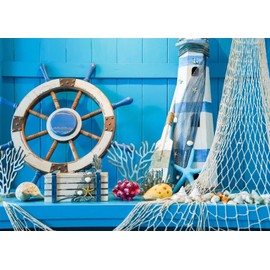 BELECO 7x5ft Fabric Nautical Backdrop Blue Wooden Wall Sailor Birthday Backdrop Sail Boat Steering Wheel Seashells Fishing Net Nautical Theme Baby Shower Birthday Party Decorations Studio Props