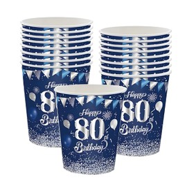 16Pack Paper Cups 80th Birthday,Blue and Sliver Cups 235ml,Party Cups Paper Cups Sliver Gold 80th Birthday Cups Party Tableware for Girls,Kids,Her 80th Birthday Party Supplies Table Decorations