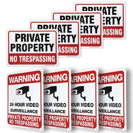 JOAWSOME Video Surveillance Sign (4 Pack) & Private Property No Trespassing Metal Sign (4 Pack) Reflective Warning Sign, 10"x 7" 0.40 Aluminum Weatherproof Easy to Mount Indoor or Outdoor Use