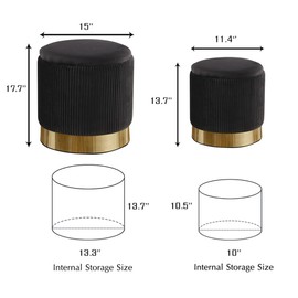 2BYF Round Storage Ottoman Set of 2 Upholstered Black Velvet Storage Ottoman Stool Modern Round Vanity Stool Chair Ottoman for Living Room Dorm and Bathroom.