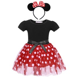 COTRIO Minni Polka Dot Tutu Dress Toddler Girls Princess Mouse Headband Dress Size 4T/3-4 Years/Red