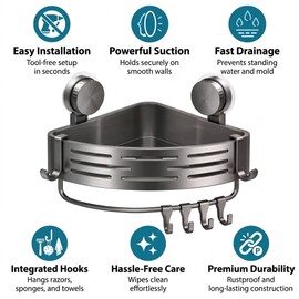 Wall Mounted Shower Caddy for Bathroom Organization – Stainless Steel Suction Shelf for Toiletries and Towels