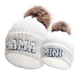 2PCS Parent-Child Beanie Hat Mama and Mini Embroidery Knitted Hat Winter Warm Cuffed Ski Cap with Pom Pom (White)
