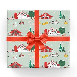 Papel de papel de regalo navideño de granja de Navidad, hojas plegadas planas de 19.5 x 27 pulgadas