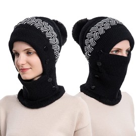 YAMEE Women's Balaclava Fleece, Winter Hat with Winter Scarf, Knitted Hat Scarf Set, Winter Warm Ski Hat, Face Mask for Outdoor Sports, 1/black