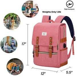 Ronyes Vintage Laptop Backpack for Women Men,15.6 inch Bookbag Casual Daypack with USB Charging Port for College Work, Pink Backpacks