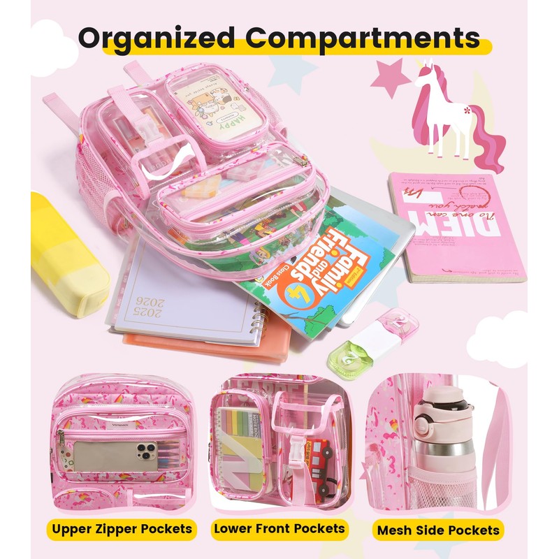 Vorspack Clear Backpack for Girls, Cute Transparent School Bookbag, Pink
