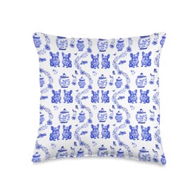 Preppy Blue & White Toile French Bulldogs, Frenchie Throw Pillow