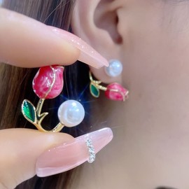 Flower Pearl Stud Earrings Pink Hypoallergenic Lightweight Fashion Ear Hook Cuff Jacket Front Back for Woman (Red)