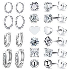 10 Pairs Stainless Steel Stud Earrings Flower Heart Ball CZ 20G Stud Earings 10mm 12mm Hoop Earrings Cartilage Earrings For Men Women Silver