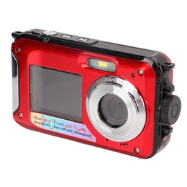 Waterproof Digital Camera, 10ft Full HD 2.7K 48MP 16x Digital Zoom, Dual Screen Selfie, Full Color LCD Display, Waterproof Camera for Snorkeling, Surfing, Swimming (Red)
