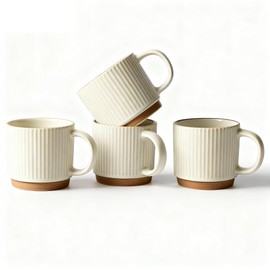 COIKZLY 10OZ Small Coffee Mugs with Stripe Patterns Set of 4, Beige