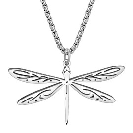 OUSIO Stainless Steel 18K Gold Silver Plated Cute Dragonfly Necklace Pendant Spring Summer Insects Charm Jewellry For Women Gifts (Silver-Plated)
