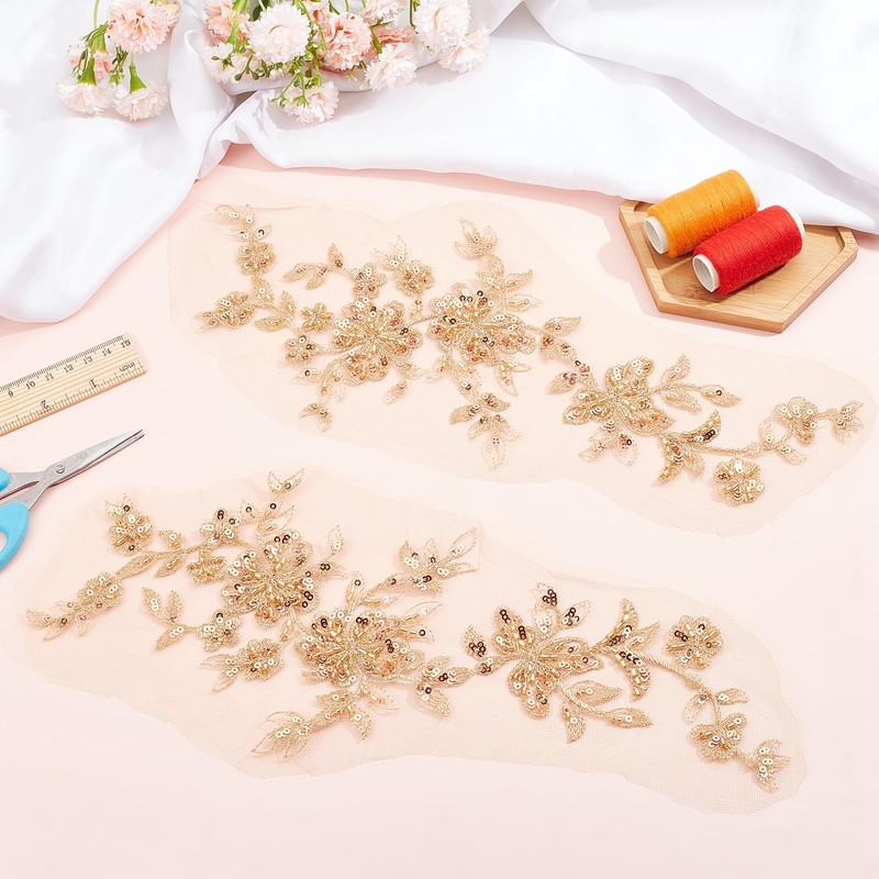 NICENEEDED Gold Flower Lace Embroidered Applique, Embroidery Patch Sewing Flower