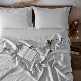 LBR02M 100% Linen Sheet Set Full Size, Bed Sheets 4 Piece Sets, Solid Color Natural Flax Bed Sheets Soft Breathable Bedding,16" Deep Pocket,All Season (Full, Grey)