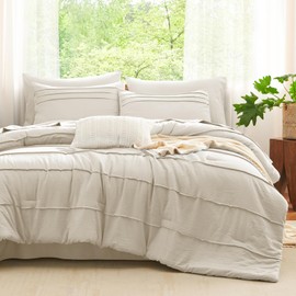 CozyLux King Size Comforter Set Beige, 7 Pieces Soft Prewashed Pinch Pleat Bed in a Bag King Comforter Set with Sheets, Boho Bed Set with Down Alternative Comforter, Sheets, Pillowcases & Shams