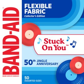 BAND-AID Brand Adhesive Bandages Flexible Fabric, Comfortable Sterile Protection & Wound Care for Minor Cuts & Burns, Jingle Anniversary Tin, Assorted Sizes, 50ct