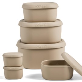 ISSEVE 6Pcs/Set Nesting Silicone Food Storage Containers with Lids, BPA Free Reusable Meal Prep Silicone Containers Lunch Box Bento Box Set (33.8oz, 20oz, 10oz, 6.7oz, 1.3oz) (Beige)