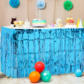 Windkream 6 Pack 29x108 Inch Teal Blue Wavy Tinsel Foil Fringe Table Skirts Table Decorations for Mermaid Birthday, Summer Beach Theme Party, The Ocean Tropical Luau Shark Birthday Party Decor