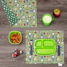 Funkins Reusable Cloth Placemats for Kids & Lunch Boxes | Reusable, Eco-Friendly | 15"x13", 2-ply, Thick, Absorbent, Machine Washable | Set of 2 Placemats (Gnomes)