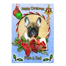 French Bulldog Christmas Card Blue 'Happy Christmas Mum & Dad' - Special Animal Xmas Card for Him Her From Kids Pets