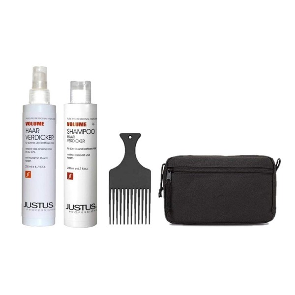 Justus Up the Volume Set: Hair Thickener 200 ml + Volume Shampoo 200 ml + Afro Comb + Cosmetic Bag Black