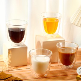 Sieral 8 Pack 8 oz Double Walled Coffee Mugs Glass Espresso Cups without Handle Clear Insulated Demitasse Cups for Cappuccino Tea Latte Beverages