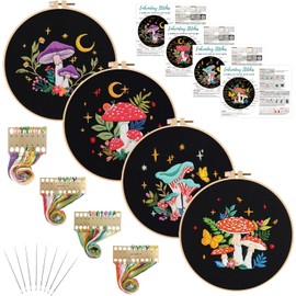 Louise Maelys 4 Pack Mushroom Embroidery Kit for Beginners, Starters Cross Stitch Needlepoint Art Work for Adults with Stamped Pattern