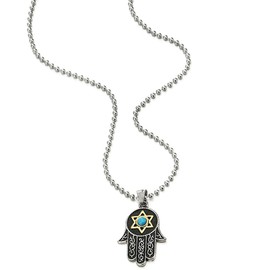 COOLSTEELANDBEYOND Hamsa Hand of Fatima Pendant Necklace Steel Silver Black with Gold Star-of-David and Blue Ball Stone