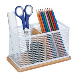 Relaxdays Pen Holder, Bamboo & Metal Mesh, H x W x D: 11 x 19 x 10 cm, Pen Cup for Desk, Natural/White
