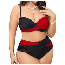 OYOANGLE Women's Plus Size Color Block Bikini Sets High Waisted Swimsuit Two Piece Push Up Bathing Suits Red and Black X-Large Plus