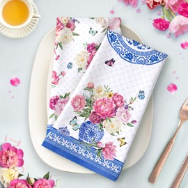 Arquiel Floral Butterfly Tea Towels 4Pcs 48 × 70 cm, 100% Cotton Soft Kitchen Towel Hand Towels Multiple Uses Quick Dry Dish Cloth for Kitchen, Anniversary,Wedding, Decoration