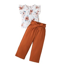 Valseclub Girls 2 Piece Outfits Flower Print Ruffle SleeveTank Top and Wild Leg Pants Spring Summer Clothes Set 2-8 Years