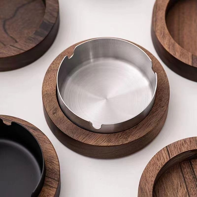 Wooden Ashtray With Stainless Steel Inner Box - Flameproof, Circular