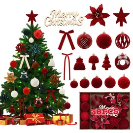 38 PCS Velvet Christmas Tree Ornaments Sets - Burgundy Red Christmas Tree Decor Assortment Includes Various Flocked Balls, Velvet Bows, Sparkling Flowers, Star Toppers, Wooden Xmas Sign Craft, Hooks