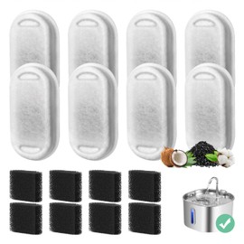 8-Pack Cat Fountain Filter Replacement for 108oz/3.2L & 74oz/2.2L Stainless Steel Cat Water Dispenser, 8 Pieces Carbon Filter & 8 Pieces Foam Triple Filtration Filter for 2L Drinking Fountain Bowl