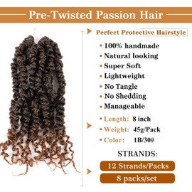 Crochet Hair Pre looped 8 Inch 8 Packs Pretwisted Passion Twist Crochet Hair YDDM Passion Twist Braids Crochet Short Passion Twist Hair Pretwisted Hair Extension (8 Inch, T1B/30#)