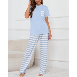 Atxnn Womens Pyjamas Cotton Pjs Set Round Neck Loungewear Striped Pants with Pockets Drawstring Nightwear Soft Chic Sleepwear Summer Spring, LIGHTBLUE XL