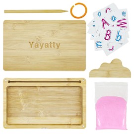 Yayatty Wooden Sand Trays Sand Tray with Lid for Kids Writing Letters and Numbers, 10.2 x 6.3 Inch Montessori Sand Tray Wooden Sand Writing Trays with Pink Sand, Card, Pen for Kids Drawing