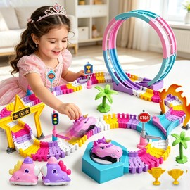 Unicorn Toys Car Race Tracks for Kids, 360° Flexible DIY Magic Racing Monster Tracks Toy with 3 Vehicle, Toddler Toys Birthday Gifts for 3 4 5 6 7 Year Old Girl