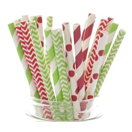 Christmas Straws - 25 pack Red & Green Holiday Vintage Party Supplies Santa & Elf Straws
