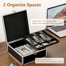 GUSHBIN Locking Cash Box Money Storage Box with Removable Tray Portable Cash Organizer with Handle Large Currency Organizer