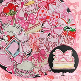 Parches termoadhesivos para niñas, lindos parches termoadhesivos preppy femeninos, parches bordados de fresa, lazo, corazón y rosa para ropa, mochilas, calcetines, jeans, sombreros y manualidades DIY